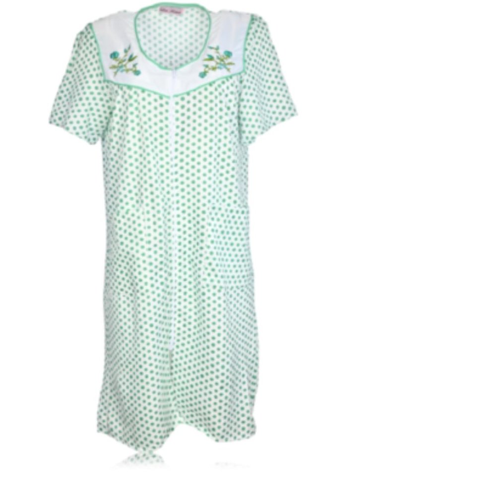 Green Women's Zipper Front House Dress Short Sleeves Embroidered Housecoat
